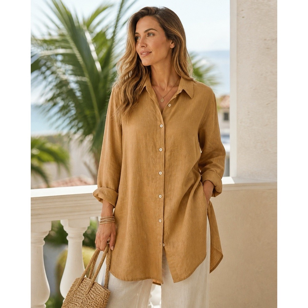 NWT Crown Linen Designs Camel Tan 100% Linen Long Sleeve Tunic Sz L Button Front
